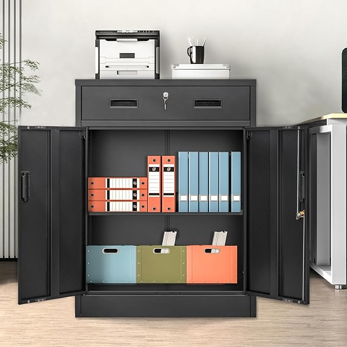 Metal Storage Cabinet, Locking Cabinet with One Drawer and Adjustable Shelf, 36" H x 28" W x 16" D Steel Storage Cabinet for Office, Garage, Home-Black