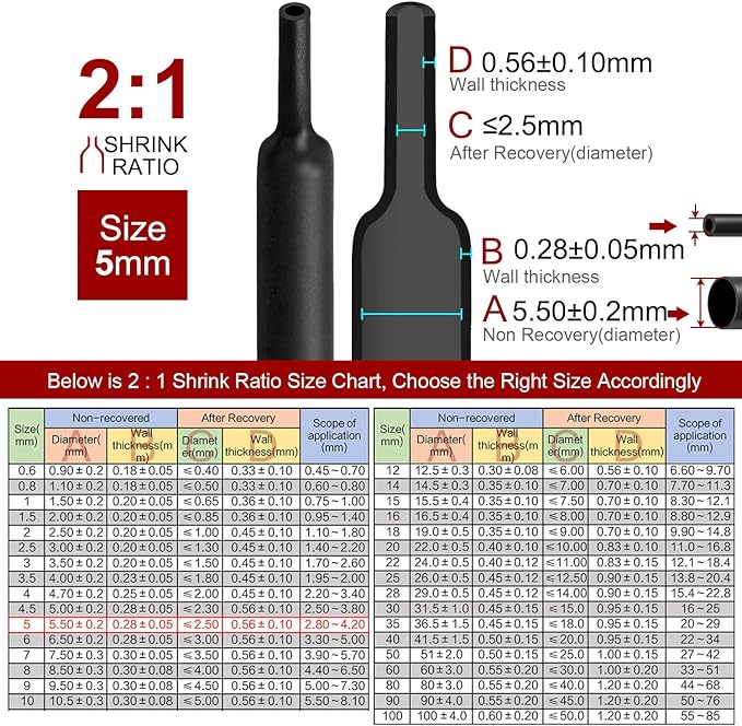 Chanzon 2:1 Ratio - 80Ft Roll - 3/16" (5mm) Heat Shrink Tubing 2:1(25M Total Length) Black Polyolefin Sleeving Wrap Shrinking 2 to 1 1pcs