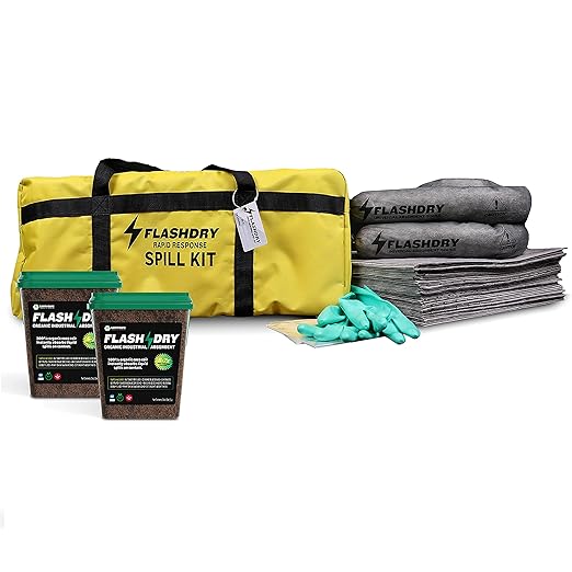 1 Flashdry Pro Portable Complete Spill Kit Includes Yellow Duffle, Bag Tag, 15 Absorbent Pads, 2 3" x4' Sorbent Socks, Disposal Bags, Nitrile Gloves, 2 5L Buckets of 100% Organic, Lightweight Coir