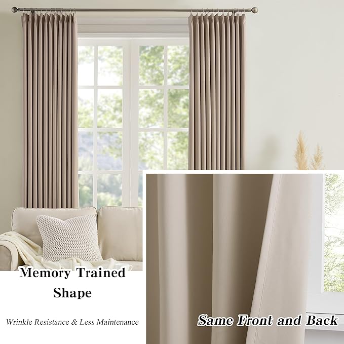 KEQIAOSUOCAI Pleated Blackout Curtain Drapes for Window 90" L - Triple Weave Energy Saving Solid Pinch Pleat Hook Thermal Room Divider Blackout Panels for Patio (72" Wide per Panel, 2 Panels, Khaki)
