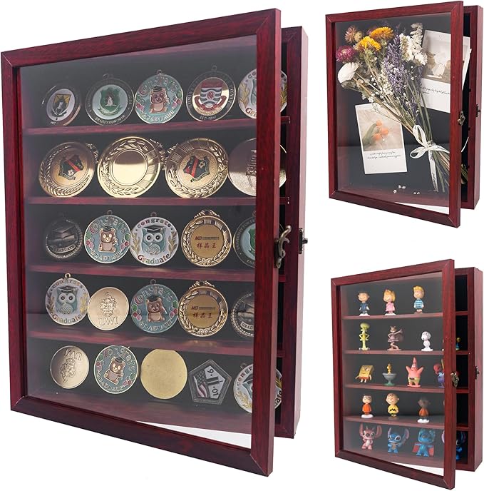 GMFrames 11x14 Wooden Shadow Box Frame with Removable Shelves Deep Display Case for Military Medals Keepsakes Cherry