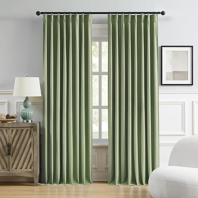 DUALIFE Sage Green Pinch Pleated Blackout Curtains 50 x 105 Inches Long, Back Tab Drapes for Living Room Bedroom Thermal Insulated Full Blackout Draperies with Hooks