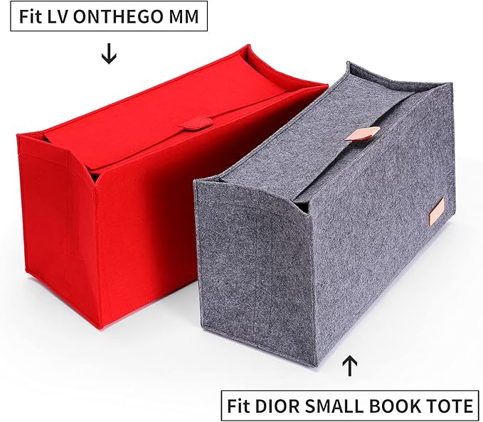 Doxo Purse Organizer Insert, Felt Tote Organizer with Zipper, Bag Insert Organizer Perfect for Lv Onthego MM 35 & D Medium Book Tote Bag (Red-With Cover)