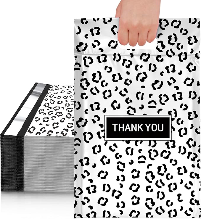 JinRuiKJ Poly Mailers with Handle 14.5x19 Inch 50 Pcs, Easy to Carry Packaging Bags for Small Business, Thank You Shipping Bags with Self Adhesive Strip, Tearproof and Waterproof - Black leopard