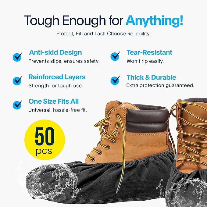 Premium Disposable Boot & Shoe Covers Booties | 50 Pack | Durable, Non-Slip, Non-Toxic, Water Resistant, Recyclable Protectors for Indoor & Outdoor | Large Size Fits Most Shoes