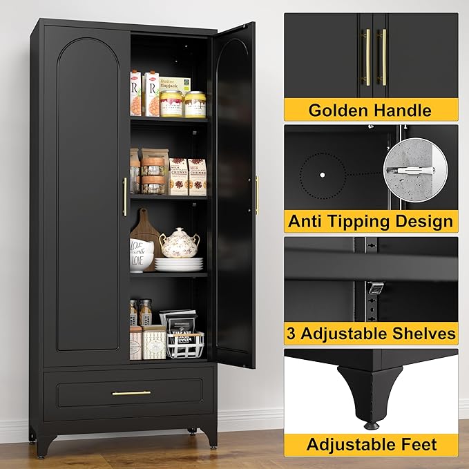 Metal Storage Cabinet with Drawers,75Inch Black Pantry Cabinets for Kitchen Storage with 3 Adjustable Shelves,Tall Kitchen Pantry Cabinet for Living Room, Dining Room，Office