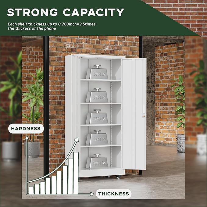 Greenvelly Metal Storage Cabinet with Wheels, 73" H Lockable Rolling Storage Cabinets with Doors and 4 Adjustable Shelves, Large Steel Cabinet for Garage, Office, Home, School (White)