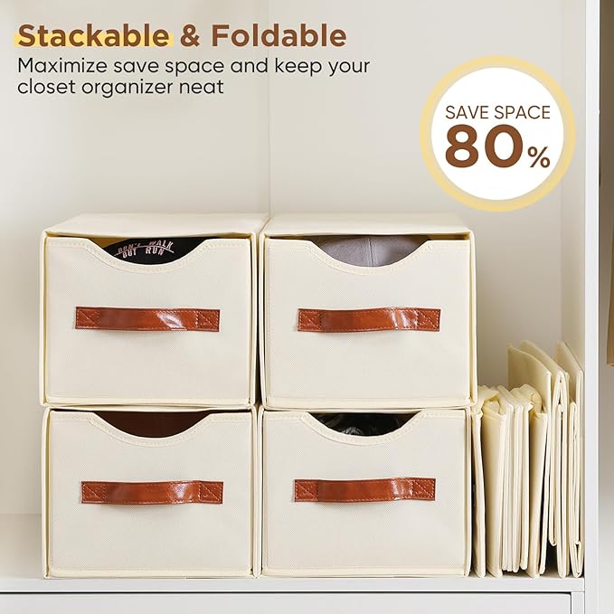 4 Pack Stackable Storage Drawers, Fabric Closet Organizers and Storage with Handles and Clear Window, Pull-Out Clothes Storage Bins with Drawer for Closet, Bedroom, Living Room, Under Bed, Beige