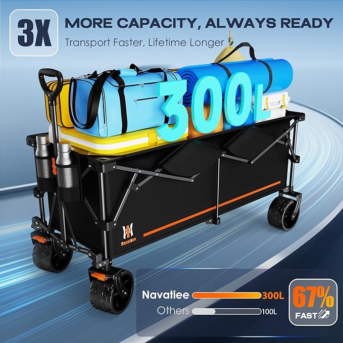 Navatiee 48'' Extra Long Collapsible Wagons Carts Foldable, 440Lbs Heavy Duty Folding Beach Wagon with All-Terrain Big Wheels, 300L Capacity Utility Garden Carts for Camping, Sports