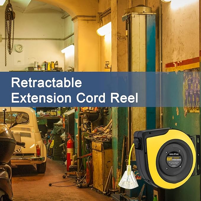 Retractable Extension Cord Reel, 65 Feet 12 AWG/3C SJTOW Heavy Duty Power Cord,15 AMP Circuit Breaker, 3-Lighted Triple Outlets, Ceiling or Wall Mount,Yellow
