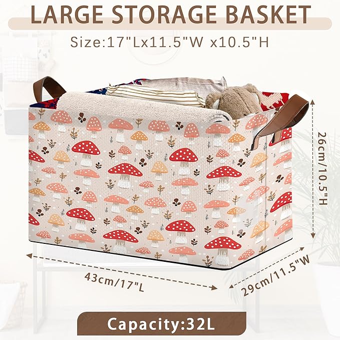 Red Mushroom Storage Basket Large 17x11.5x10.5 Inches - Collapsible Fabric Organizer Bin with Handles for Kids Room, Nursery, Toys - Foldable Decorative Hamper with Cute Mushroom Design - Single Pack