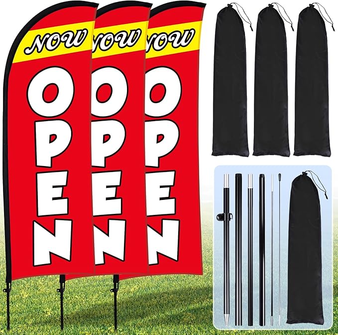 Buryeah 3 Sets Now Open Feather Flag Pole Kit for Business Advertising 7 ft Open Flag Banner Sign with Pole Kit Ground Stake and Portable Bag for Outside Ground (Red)