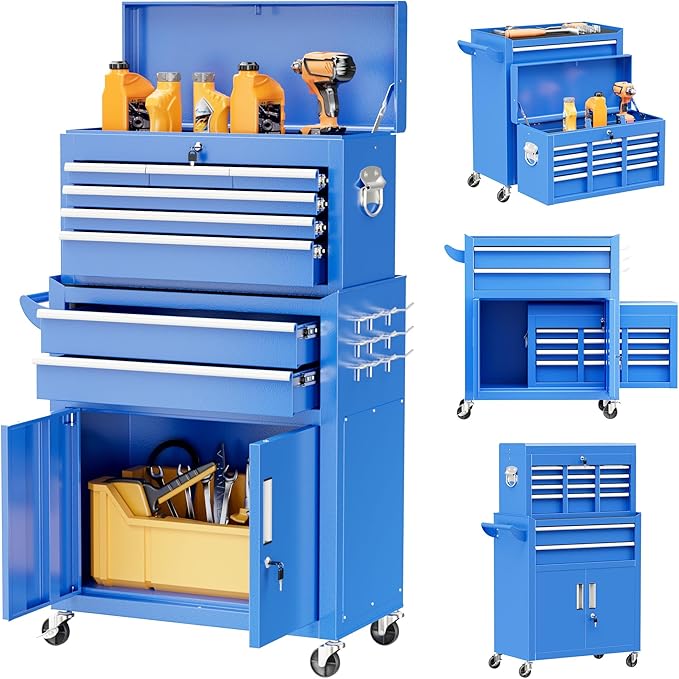 Bonusall 8 Drawer Rolling Tool Chest and Cabinet Combo,Heavy-Duty Metal Garage Tool Chest with Wheels and 2 Doors,2-in-1 Top Box and Roller Cabinet Combo for Garage, Workshop, Warehouse-Blue