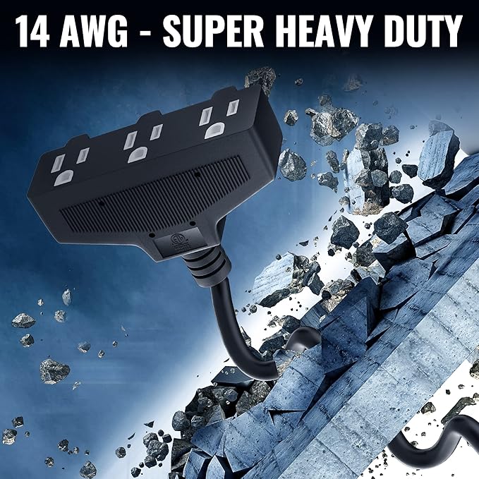 Outdoor Extension Cord 40 Ft with 3 Outlets, 14/3 SJTW 3 Prong Grounded Power Cord, 14 Gauge 14AWG Heavy Duty Power Cable, ETL Listed, 15 Amp 125 V 1875 W-Multiple Outlets for Indoor/Outdoor-Black