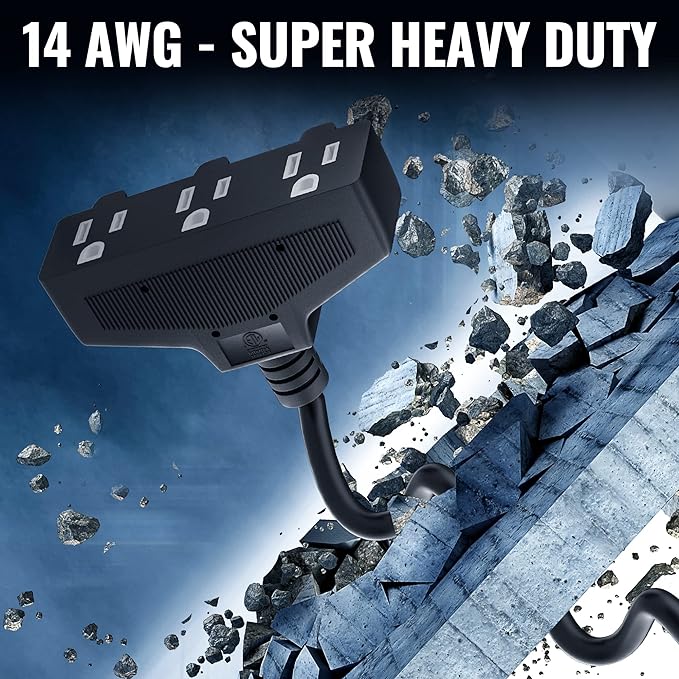 Outdoor Extension Cord 4 Ft with 3 Outlets, 14/3 SJTW 3 Prong Grounded Power Cord, 14 Gauge 14AWG Heavy Duty Power Cable, ETL Listed, 15 Amp 125 V 1875 W-Multiple Outlets for Indoor/Outdoor-Black