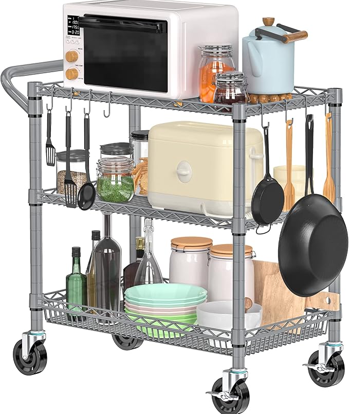 Heavy Duty Metal Carts with Wheels 1050lbs Steel Wire Rolling Utility Cart with Storage Commercial Grade Trolley with Handle Bar&Shelf Liner for Kitchen Living Room Laundry Grocery