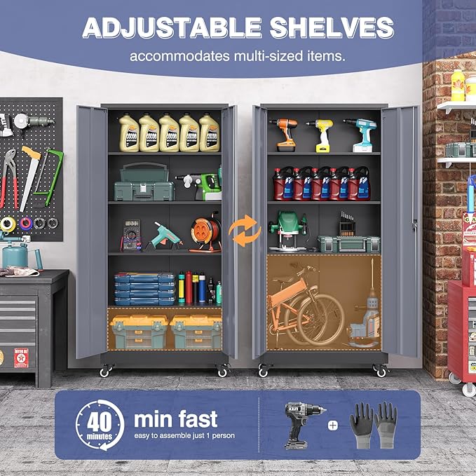 Metal Garage Cabinet with Wheels, Tall Storage Cabinet with 4 Adjustable Shelves and 2 Doors, Lockable Tool Cabinet for Garage Home Office,Gym,School (Black-Gray)