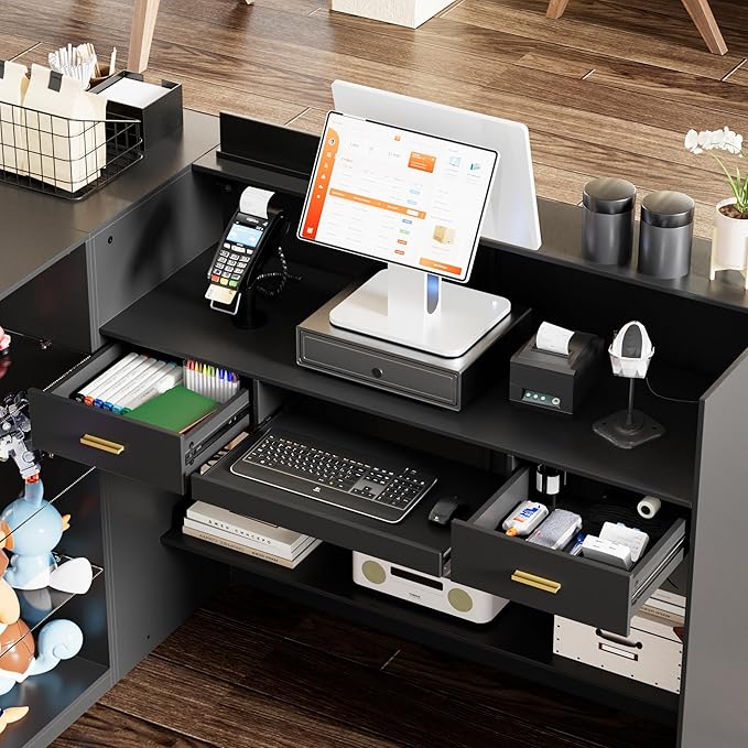 PAKASEPT Reception Desk with Counter for Retail & Checkout,Modern Front Reception Counter with Drawers & Open Shelves,L-Shaped Retail Counter with Storage for Countertop,Beauty Salon,Shop,Bar,Black