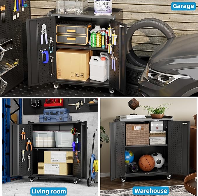 Garage Storage Cabinet with Wheels & Pegboard, 34.3" H Locking Metal Tool Storage Cabinet with Doors and Shelf & 4 Hooks for Garage, Home, Workshops, Assembly Required, Black