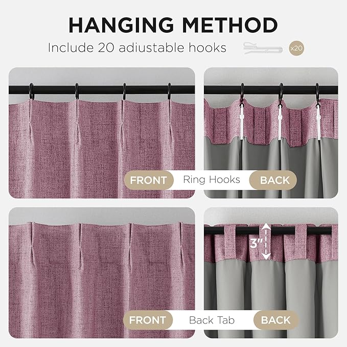 Joydeco Pinch Pleated Curtains - 100% Blackout for Bedroom, Pink Linen Curtains 40" W x 96" L, Thermal Insulated 2 Panels Light Blocking Drapes, Back Tabs for Living Room
