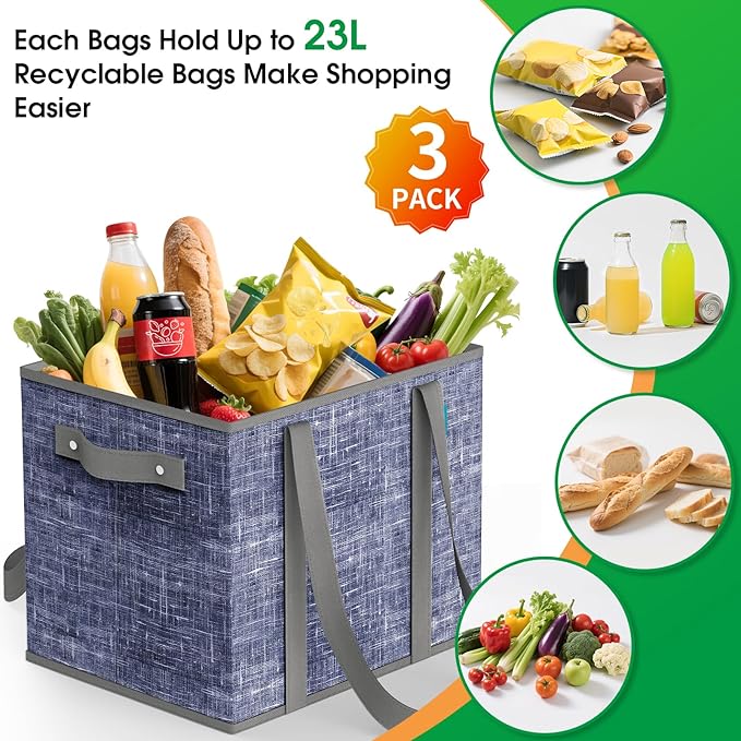Fab totes Reusable Grocery Bags, Large Foldable Shopping Tote Bags with Reinforced Handles & Hard Bottom,3 Pack,Blue