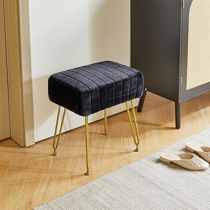 IBUYKE Velvet Rectangular Footrest Ottoman, Makeup Vanity Stool Side Table, Dressing Table Seat, Pouf Couch Stool, Golden Steel Legs, Black LG-51B