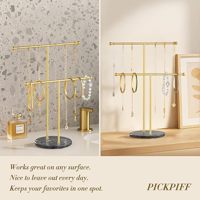 pickpiff Necklace Holder Stand: 2 Tier Jewelry Organizer with Marble Base, Gold Jewelry Tree Display for Bracelets, Rings, Earrings, Gold and Black