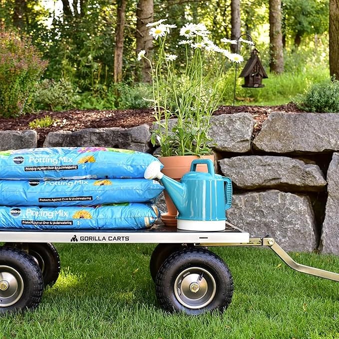 Gorilla Carts Steel Utility Cart, 7 Cu Ft Bed, 1000 lb Load Capacity, Gray – Towable Heavy-Duty Outdoor Hauling Wagon with Removable Side Panels for Yard, Lawn, Garden or Landscaping