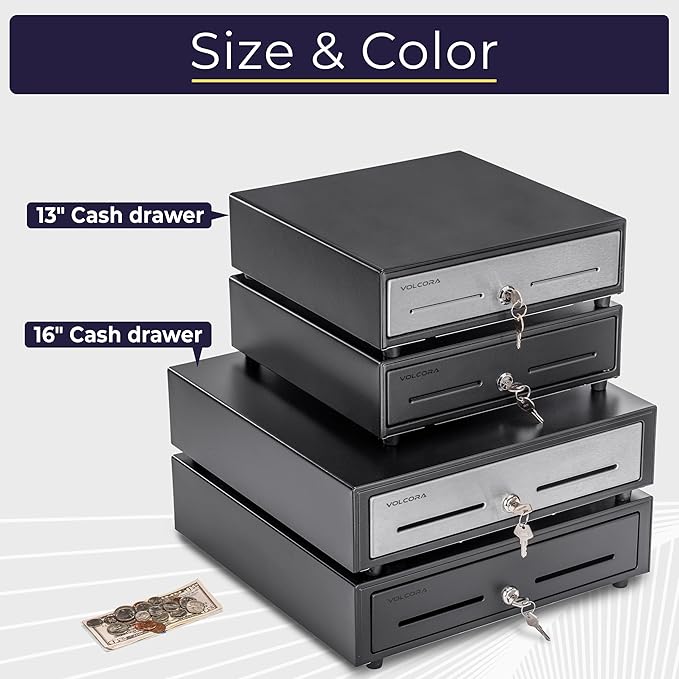 Volcora 13" Manual Push Open Cash Register Drawer for Point of Sale (POS) System, Black Heavy Duty Till with 4 Bills and 5 Coin Slots, Key Lock with Removable Coin Tray and Double Media Slots