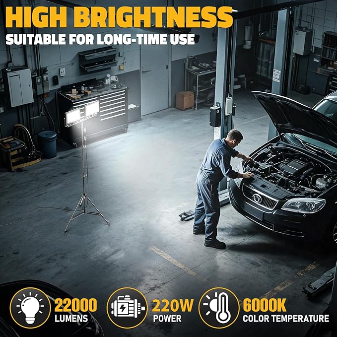 LIVOWALNY 22000 lm LED Work Light with Stand Pack of 2, 220W 2 Adjustable Head Tower Light with 13FT Cord, Portable IP65Waterproof Tripod Flood Light for Job Site Workshop Garage Construction Lighting