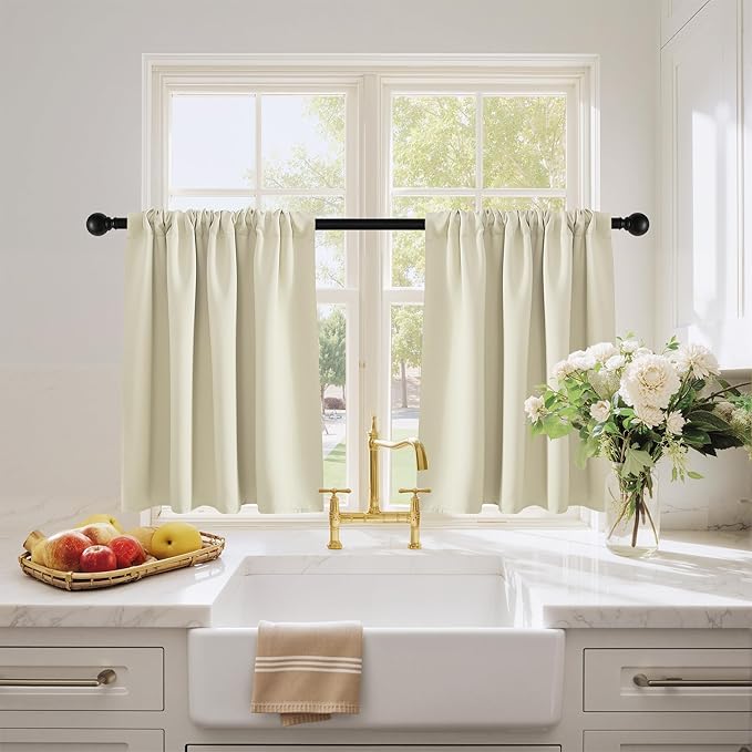 PONY DANCE Beige Kitchen Curtains 24 inch Long, Small Window Treatments Rod Pocket Energy Efficient Short Blackout Curtain Panels for Rv Camper, 29-inch Wide by 24 Long, Light Beige, 2 Pieces