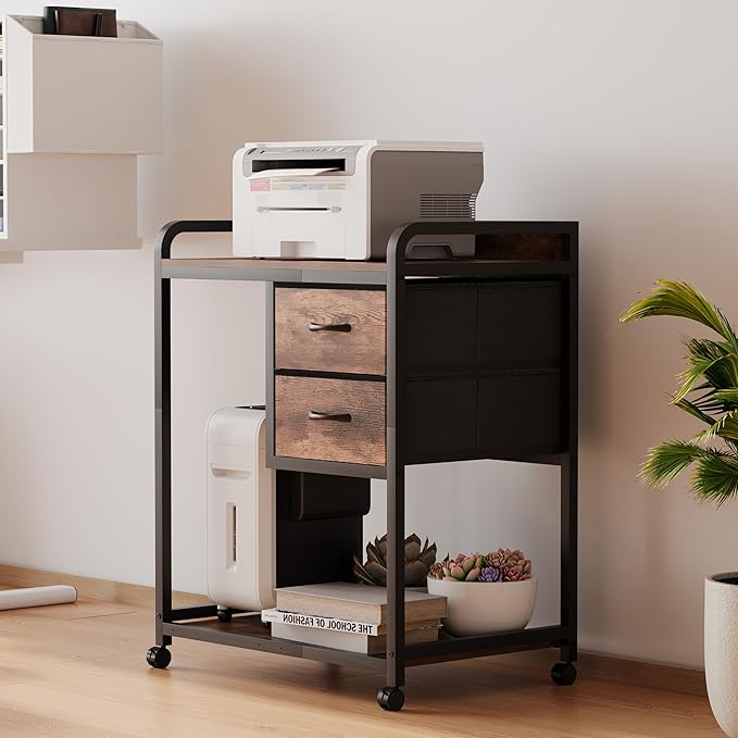 Large Printer Stand with 2 Fabric Drawers, Mobile Printer Table with Wheels and Computer Tower Slot for Home Office Storage and Organization, Rustic Brown (Rustic Brown)