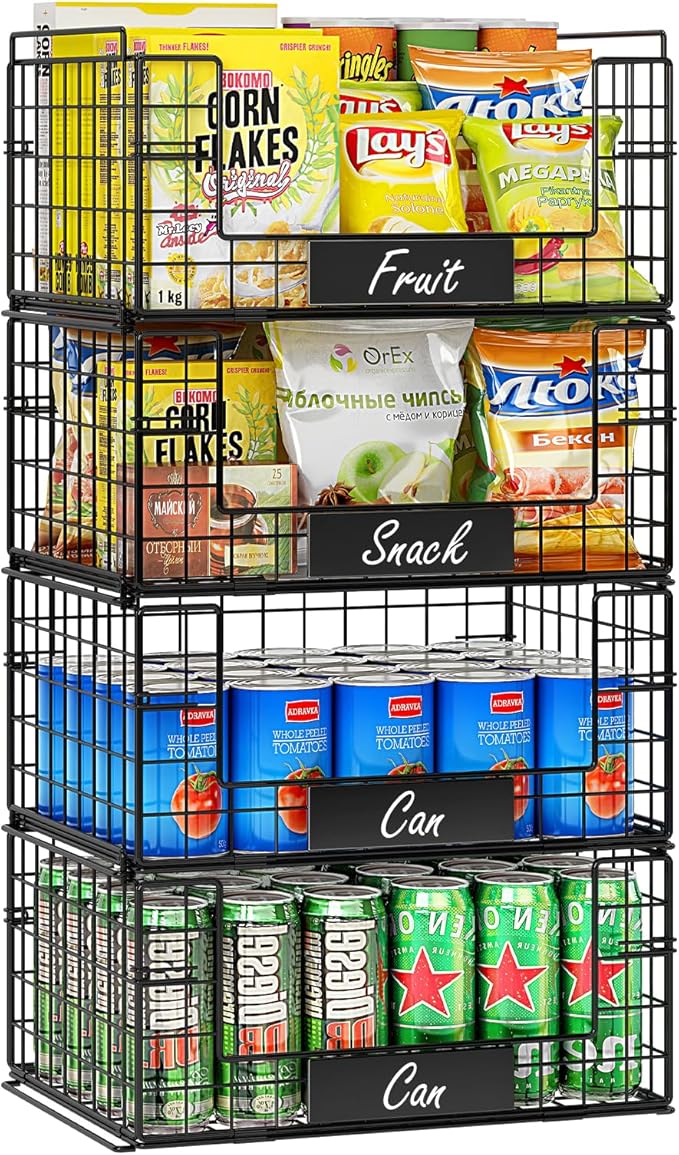 JKsmart 4 Pack XXL Stackable Wire Baskets with Handles for Pantry Storage and Organization,Fruit and Vegetable Basket with Name Plates,Metal Storage Bins for Snack Can Fruit Veggies