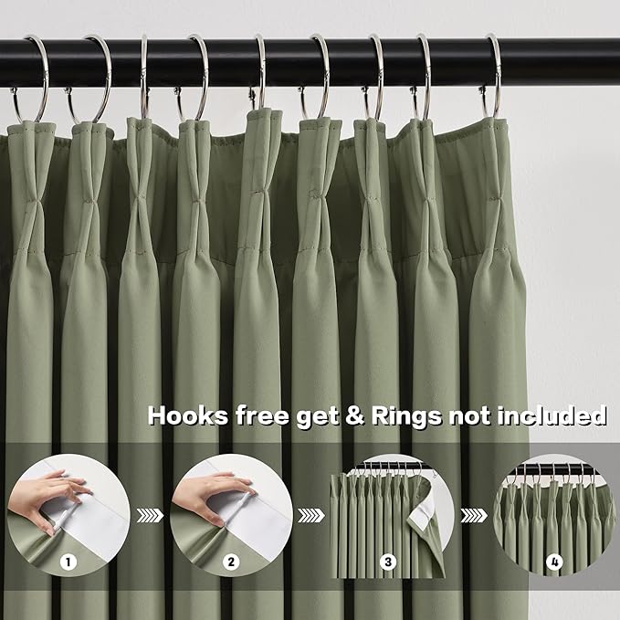 KEQIAOSUOCAI Light Sage Blackout Curtains Pinch Pleat Green Drapes 96 Inches Long 2 Pieces, Elegant Thermal Insulated Black Out Window Panels for Living Room Bedroom 40 x 96 inch Sage Green