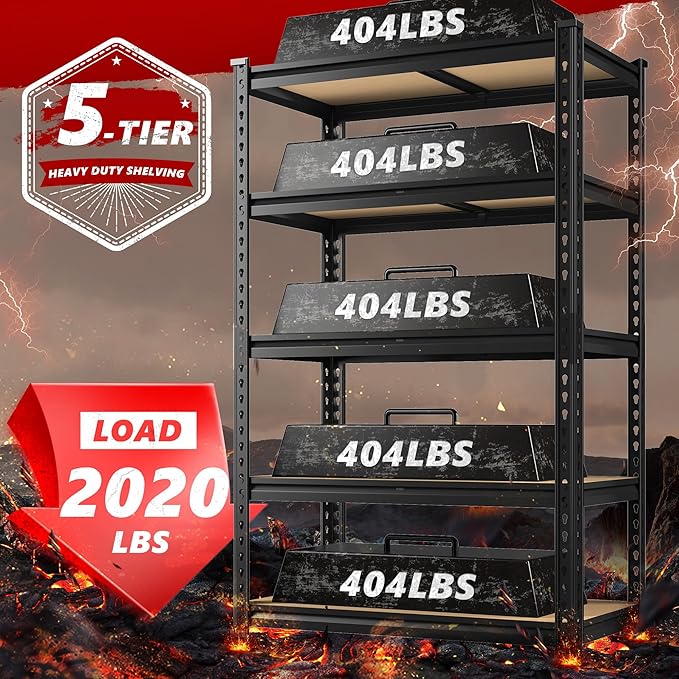 REIBII 2020LBS Storage Shelves 5 Tier Garage Shelving Heavy Duty Adjustable Garage Shelves, Utility Rack Shelf, Shelving Units for Storage Warehouse Pantry Closet, 35.5" W x 11.9" D x 72" H, 4 Pack
