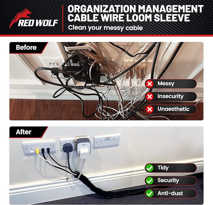 RED WOLF 10 Feet - 1 Inch Braided Wire Cable Sleeve Split Wiring Loom Tube Flexible Self-Wrap for Automotive Computer Cable Cord Management Cover Protector, Anti-Scratch High-Temperature Black Loom