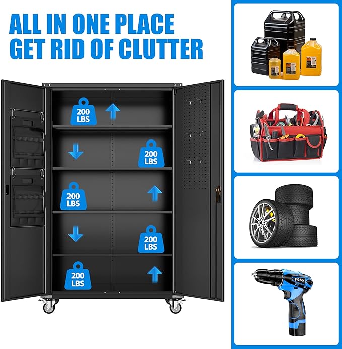 Aobabo Upgraded Wide & Deep Garage Storage Cabinet with Wheels, Metal Storage Cabinet with Door Pegboards and 2 Rod for Garage Home Storage (Black, 43.3''W x 21.9''D x 72''H),Required Assembly