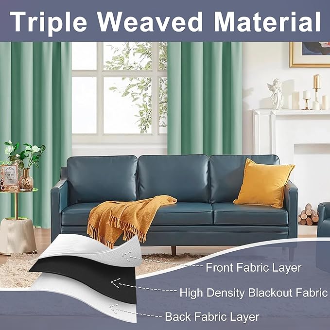 JIUZHEN Blackout Curtains for Bedroom– Thermal Insulated,Noise Reducing Room Darkening Privacy Drapes for Living Room, Set of 2 Panels with Tiebacks, 52 x 84 inch Long, Sage Green