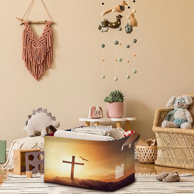 Cross Pattern Collapsible Storage Box - 17x11.5x10.5 Inch Foldable Organizer for Seasonal Decor, Religious Decorations, Under Bed Home Decor, Closet, Church Storage - Single Pack No Lid