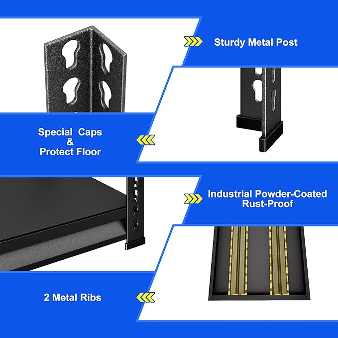 48" W Garage Shelving Heavy Duty, 1800LBS Loads Adjustable Garage Storage Shelves, 4-Tier Metal Shelving Units and Storage Racks, Industrial Utility Shelf,48" Wx16 Dx72 H, Black