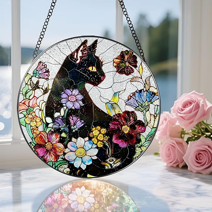 Stained Glass Window Hanging, 8 Inch Black Cat Sun Catcher, Stained Glass Suncatcher, Suncatchers for Windows, Window Decor Hanging, Cats Lover Gifts, Cat Lover Decor, Gifts for Cats Lovers