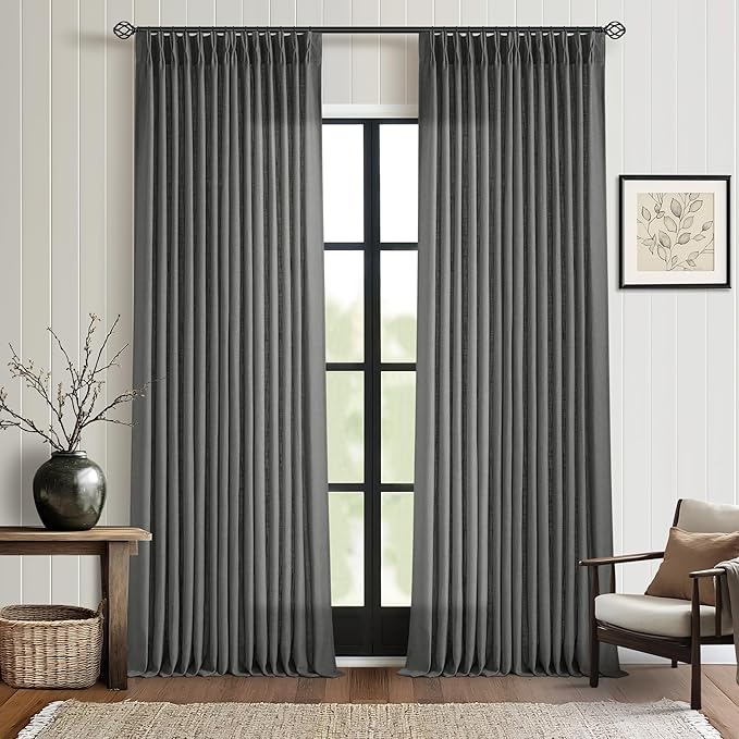 Dark Grey Linen Pinch Pleated Curtains 102 Inches Long for Living Room Pleated Drapes Hooks Back Tab Thick Linen Textured Modern Farmhouse Charcoal Simple Gray 102 Inch Curtain for Dining Bedroom