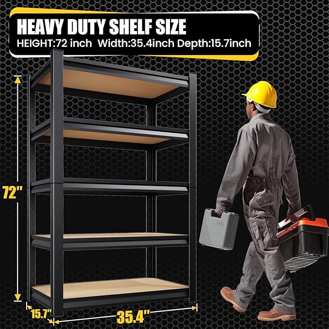 72”H*36”W Garage Shelving Heavy Duty Storage Shelves, 5-Tier Metal Adjustable Shelving Unit, 2000LBS Utility Garage Organizer Shelf Rack for Pantry, Kitchen, Warehouse, Black
