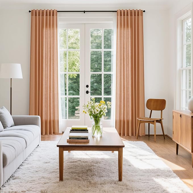 Nanspring Peach Quartz Boho Style Linen Blend Drapes 84 Inch Long 2 Panels Set Back Tab Rod Pocket Light Filtering Semi Sheer Curtain Textured Curtains for Cozy Bedroom and Living Room Decor 52x84