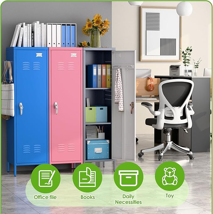 Aobabo Metal Locker, 54" H Metal Storage Locker for Employees, Lockable 1 Door with Towel Rack and 2 Side Pegboards with Hooks for Home School Office Gym, Assembly Required (Gray White)