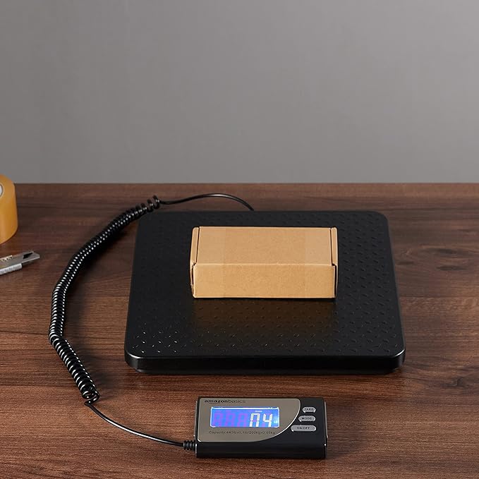 Amazon Basics Digital Postal Scale, Heavy Duty, Aluminium Platform, 440 lb Capacity, 1 Ounce Readability, Black