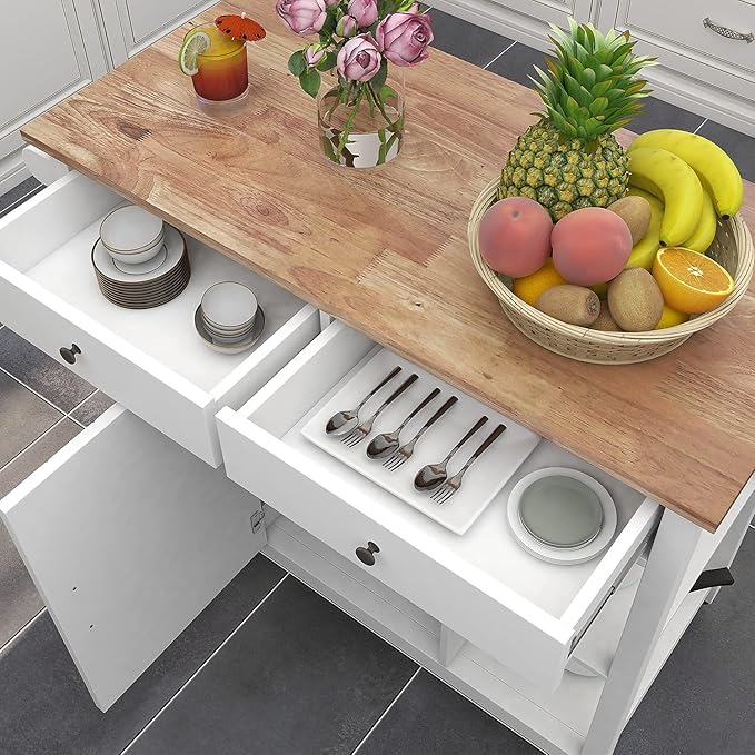 ChooChoo Kitchen Cart on Wheels with Wood Top, Utility Wood Kitchen Islands with Storage and Drawers, Easy Assembly - White