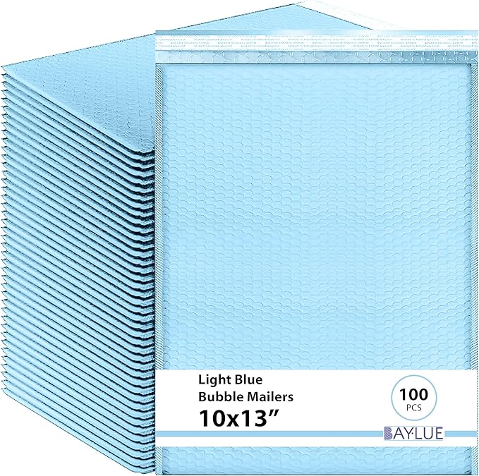 Light Blue 10x13 Inch Poly Bubble Mailers |Self Seal Padded Envelopes for Thick books | Cushioned Bubble Mailer | Usable Size 9.5x13 Inch | Waterproof Lightweight Mailing Shipping Bags | 100 Pack Bulk