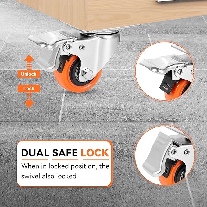 W B D WEIBIDA 2" Plate Caster Wheels Set of 16, Heavy Duty Casters with Brake, Safety Dual Locking, Industrial Swivel Top Plate Casters Wheels for Furniture, Carts (Screws and Screwdriver)