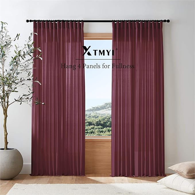XTMYI Red Wine Curtains, 108x50 inches, Linen Look, Semi Sheer, 4 Hanging Methods, Set of 2 for Living Room, Christmas